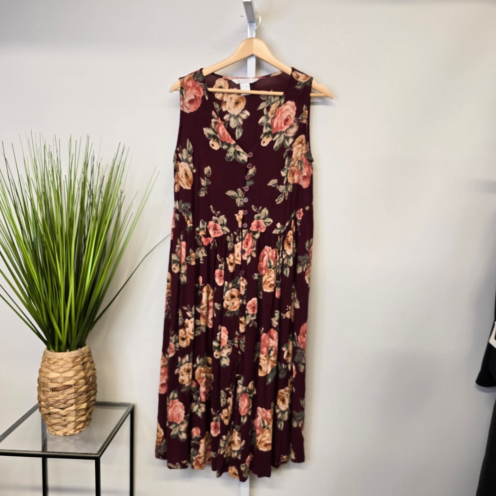 Partners Burgundy Floral Rayon Button Front Midi Dress Sleeveless Womens Small‎